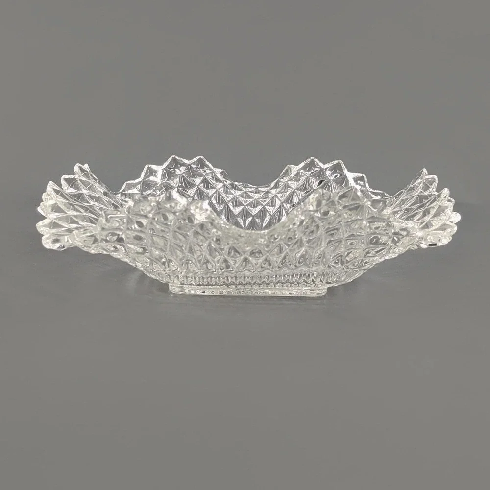 Vintage Clear Pressed Glass Square Candy Dish Sawtooth Rim Diamond Point 7in